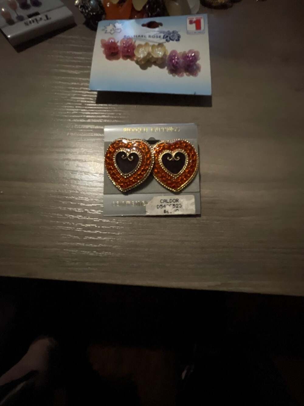 Vintage Heart Rhinestone Pierced Earrings Orange Gold Tone